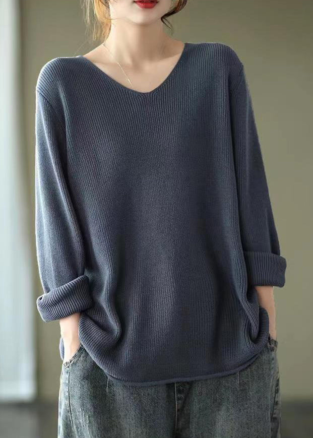 Grey Blue Patchwork Cozy Knitting Cotton Shirt Tops V Neck Fall Ada Fashion