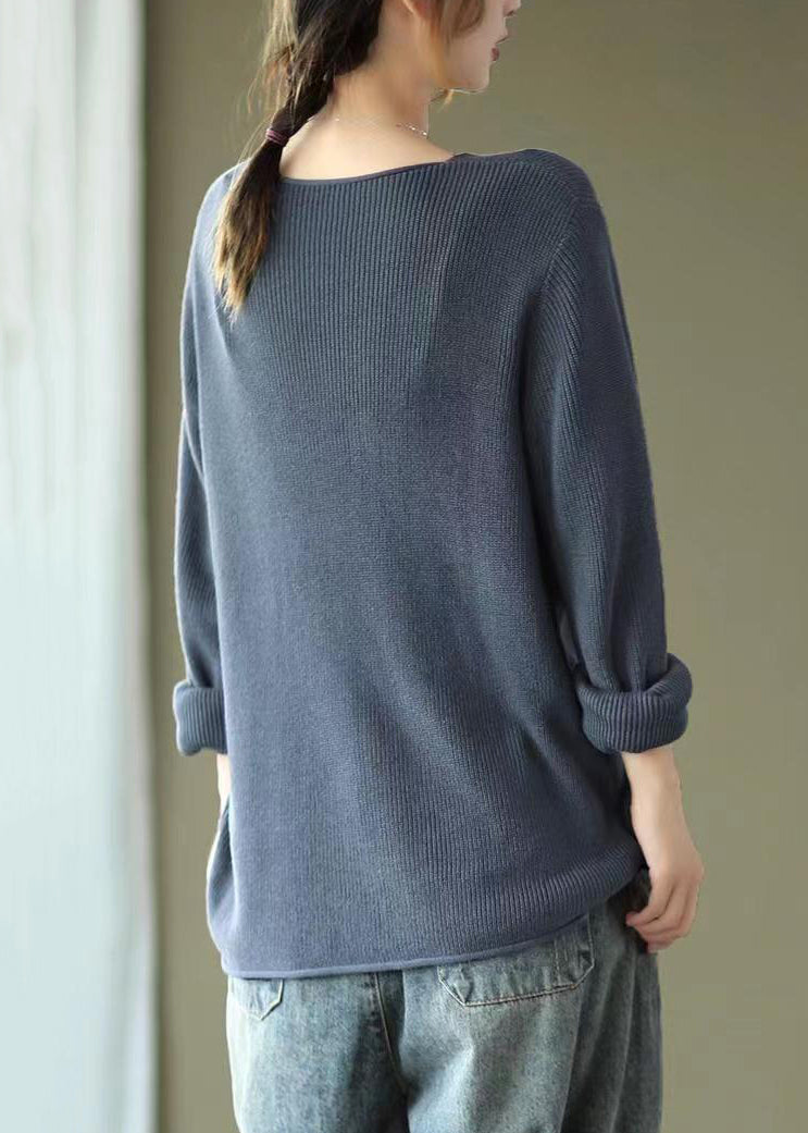 Grey Blue Patchwork Cozy Knitting Cotton Shirt Tops V Neck Fall Ada Fashion