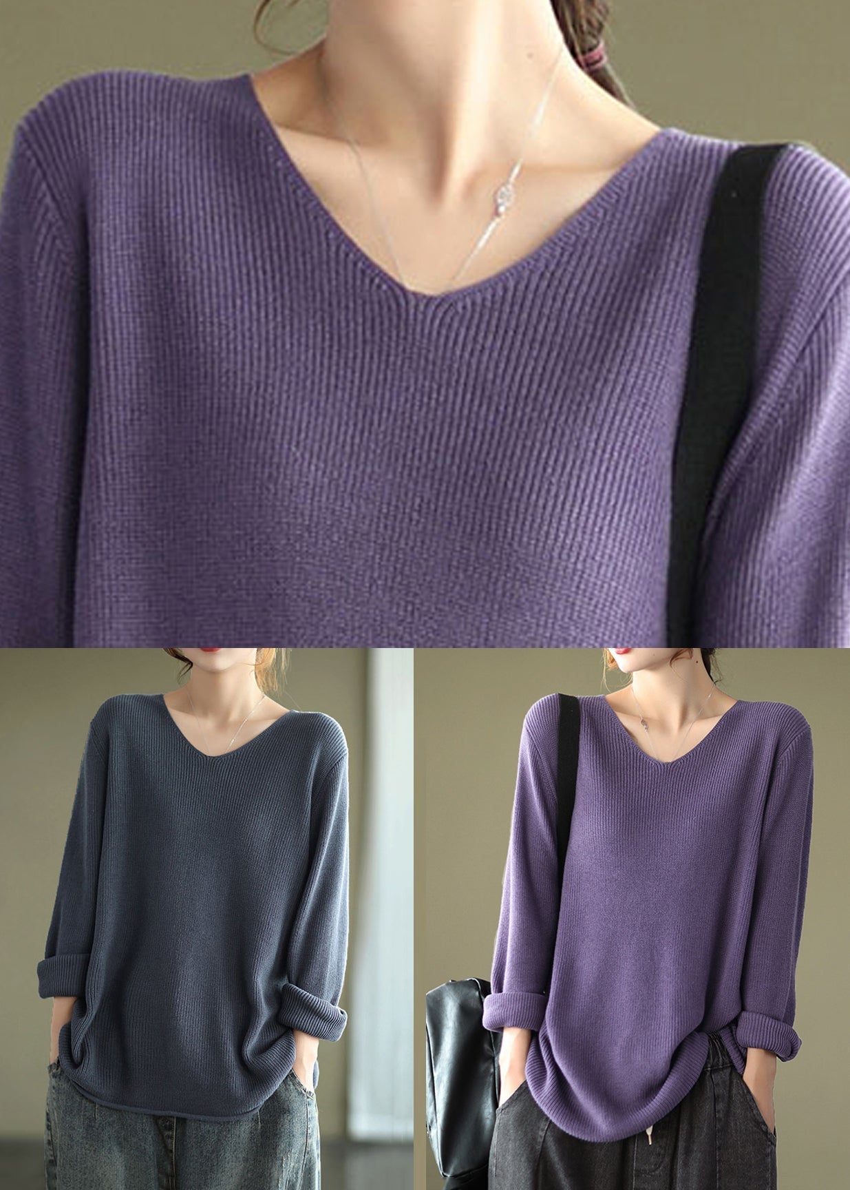 Grey Blue Patchwork Cozy Knitting Cotton Shirt Tops V Neck Fall Ada Fashion