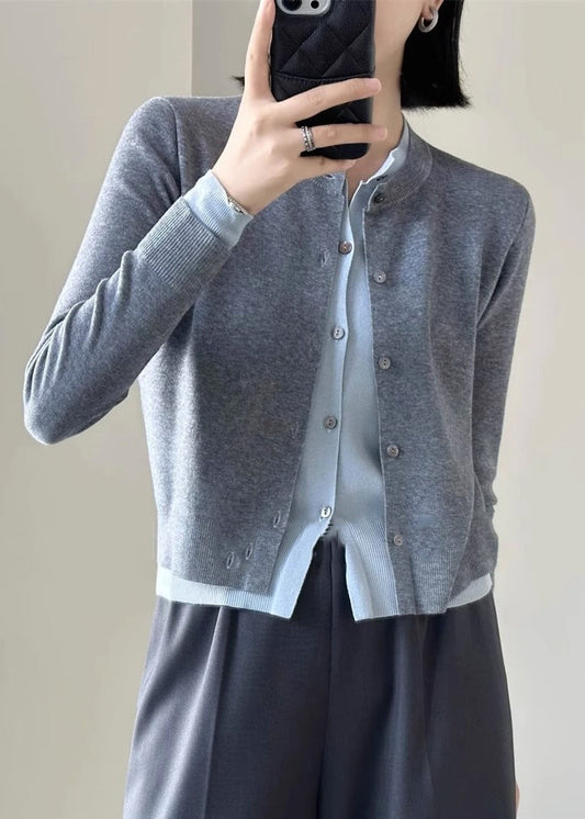 Grey Cozy Patchwork Knit Top O Neck