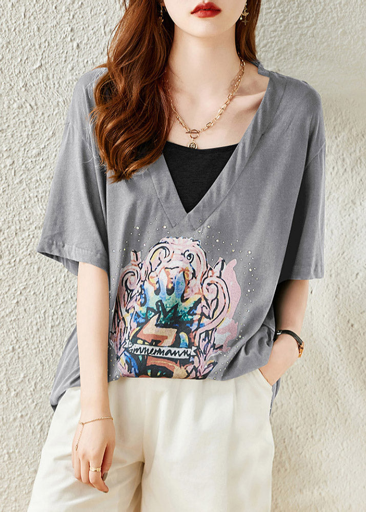 Grey Cozy Solid Cotton T Shirt Short Sleeve LY1527 - fabuloryshop