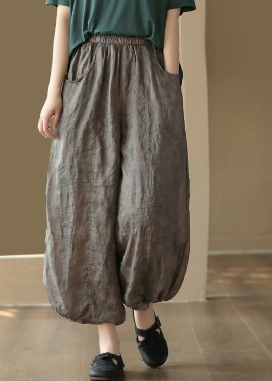 Grey Elastic Waist Solid Ramie Lantern Pants LY6913 - fabuloryshop