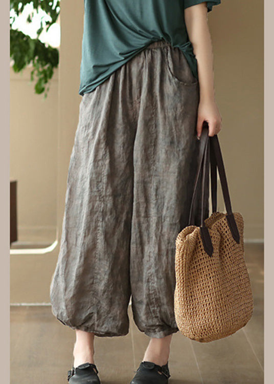 Grey Elastic Waist Solid Ramie Lantern Pants LY6913 - fabuloryshop