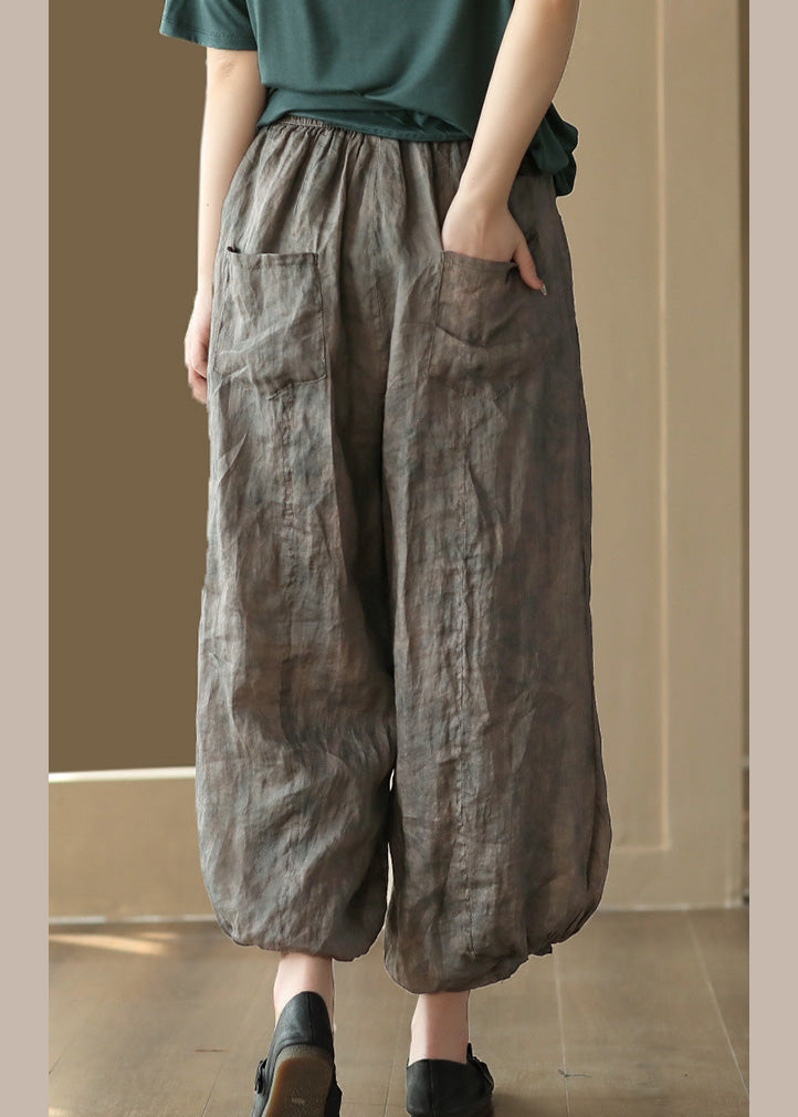 Grey Elastic Waist Solid Ramie Lantern Pants LY6913 - fabuloryshop