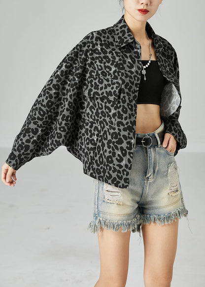 Grey Leopard Print Cotton Coats Peter Pan Collar Pocket Batwing Sleeve LY2440 - fabuloryshop