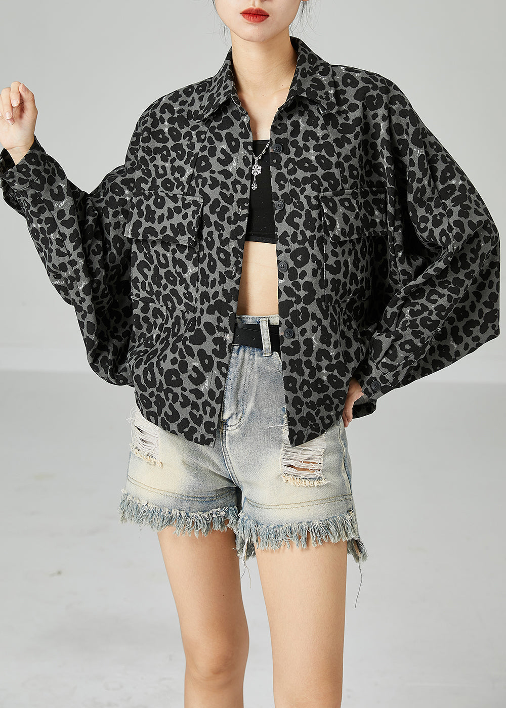 Grey Leopard Print Cotton Coats Peter Pan Collar Pocket Batwing Sleeve LY2440 - fabuloryshop