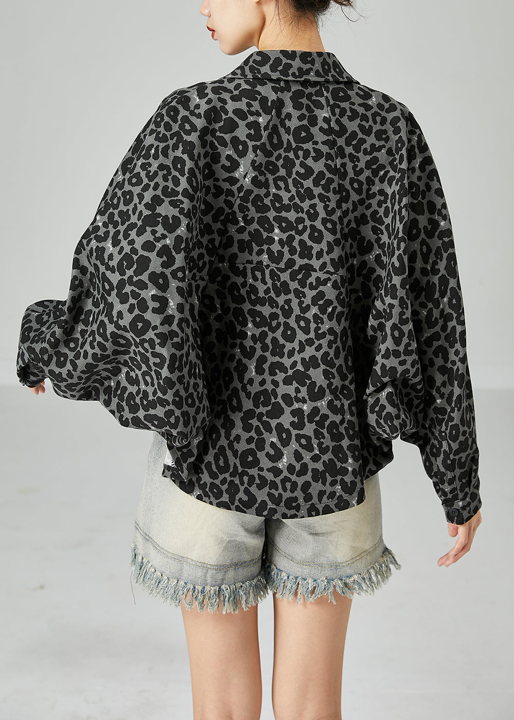 Grey Leopard Print Cotton Coats Peter Pan Collar Pocket Batwing Sleeve LY2440 - fabuloryshop