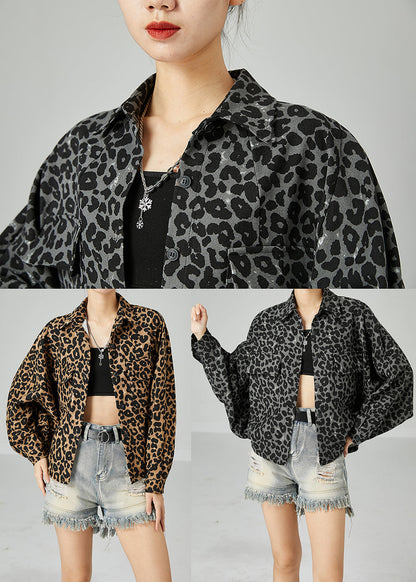 Grey Leopard Print Cotton Coats Peter Pan Collar Pocket Batwing Sleeve LY2440 - fabuloryshop