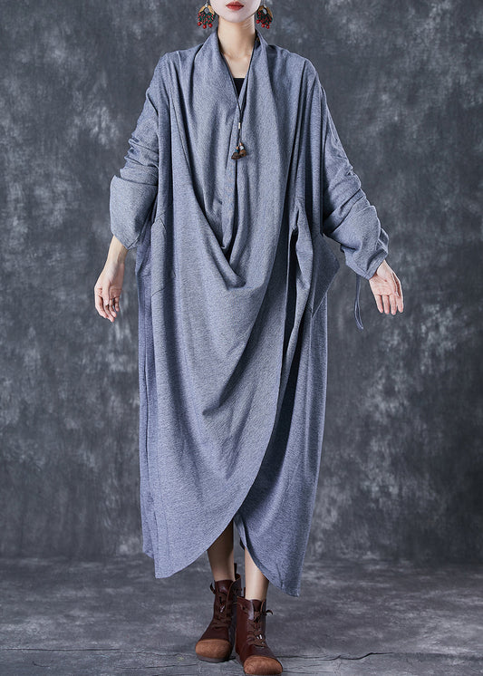 Grey Original Cotton Gown Dress Oversized Cinched Fall LY7086 - fabuloryshop