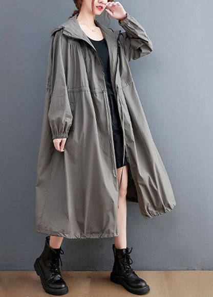 Grey Oversized Cotton Trench Coat Hooded Drawstring Spring LY0657 - fabuloryshop