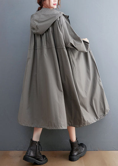 Grey Oversized Cotton Trench Coat Hooded Drawstring Spring LY0657 - fabuloryshop