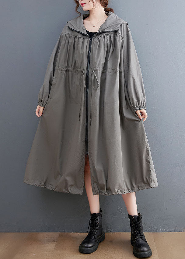 Grey Oversized Cotton Trench Coat Hooded Drawstring Spring LY0657