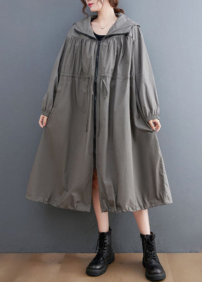 Grey Oversized Cotton Trench Coat Hooded Drawstring Spring LY0657 - fabuloryshop