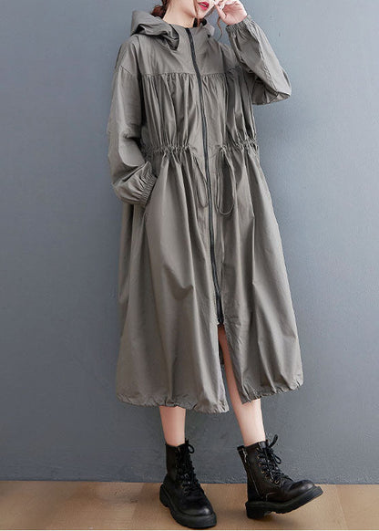 Grey Oversized Cotton Trench Coat Hooded Drawstring Spring LY0657 - fabuloryshop