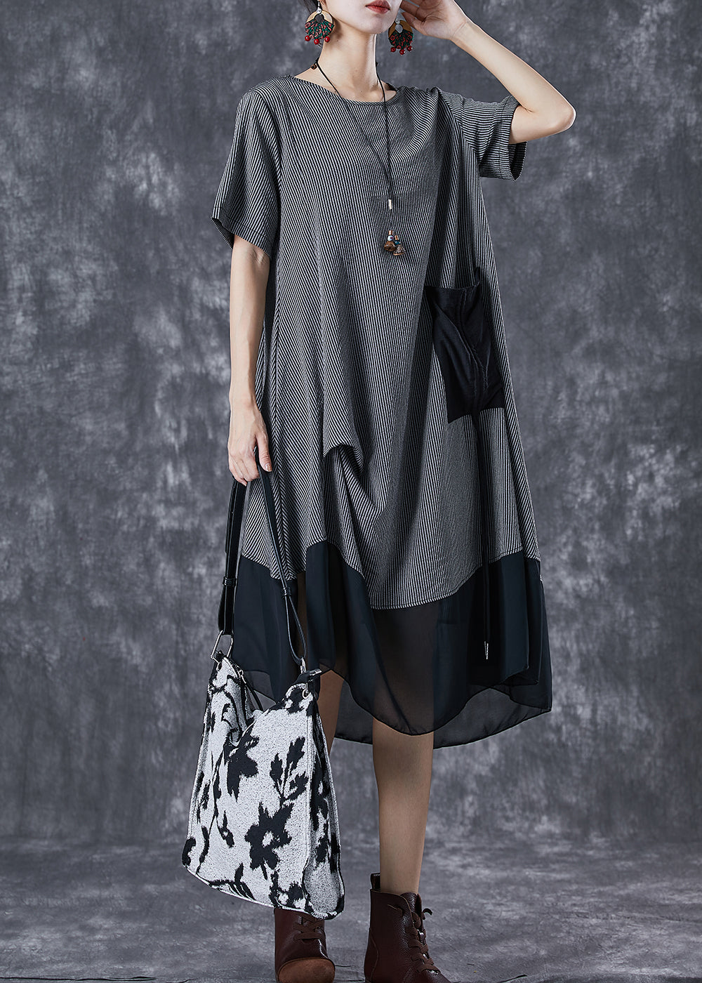 Grey Patchwork Chiffon Party Dress Asymmetrical Striped Summer LY6773 - fabuloryshop