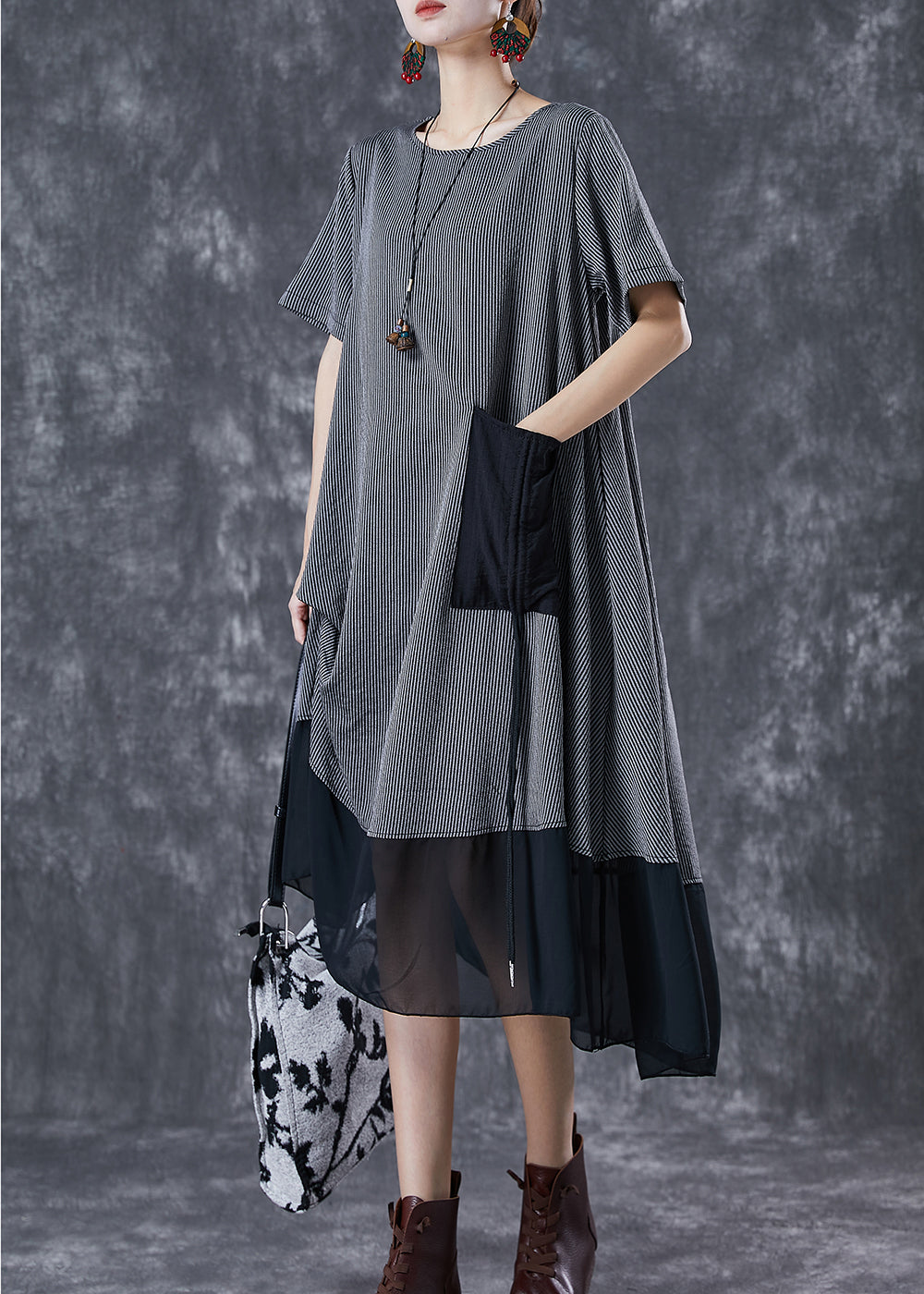 Grey Patchwork Chiffon Party Dress Asymmetrical Striped Summer LY6773 - fabuloryshop