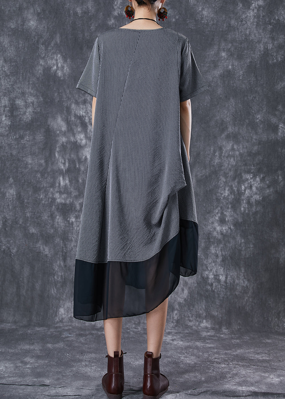 Grey Patchwork Chiffon Party Dress Asymmetrical Striped Summer LY6773 - fabuloryshop