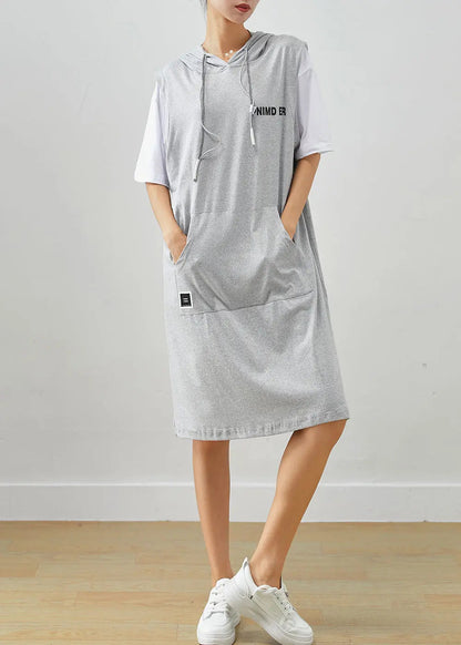 Grey Patchwork Cotton Fake Two Piece Sweatshirts Dress Drawstring Summer Ada Fashion