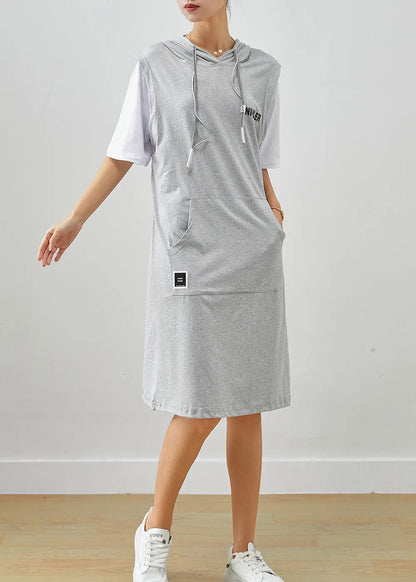 Grey Patchwork Cotton Fake Two Piece Sweatshirts Dress Drawstring Summer Ada Fashion