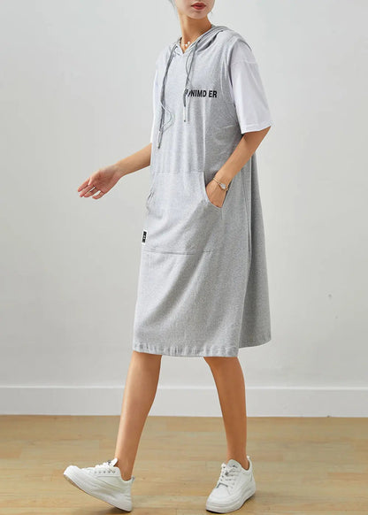 Grey Patchwork Cotton Fake Two Piece Sweatshirts Dress Drawstring Summer Ada Fashion