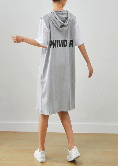 Grey Patchwork Cotton Fake Two Piece Sweatshirts Dress Drawstring Summer Ada Fashion