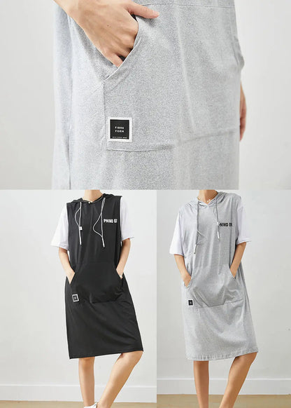 Grey Patchwork Cotton Fake Two Piece Sweatshirts Dress Drawstring Summer Ada Fashion