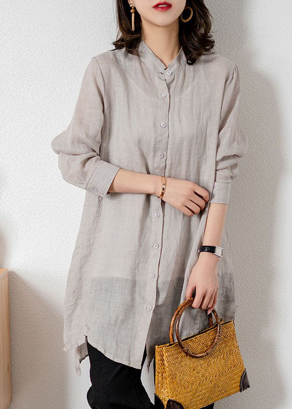 Grey Patchwork Linen Blouses Button Bracelet Sleeve LY1476 - fabuloryshop