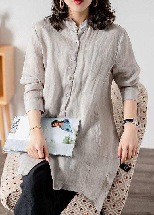 Grey Patchwork Linen Blouses Button Bracelet Sleeve LY1476 - fabuloryshop