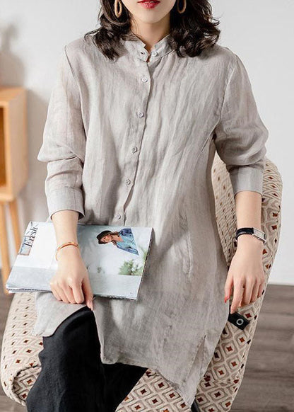 Grey Patchwork Linen Blouses Button Bracelet Sleeve LY1476 - fabuloryshop