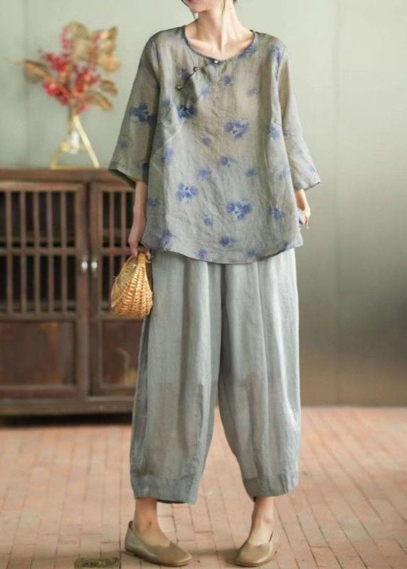 Grey Patchwork Linen Tops And Pants Two Pieces Set O Neck Summer LY4133 - fabuloryshop