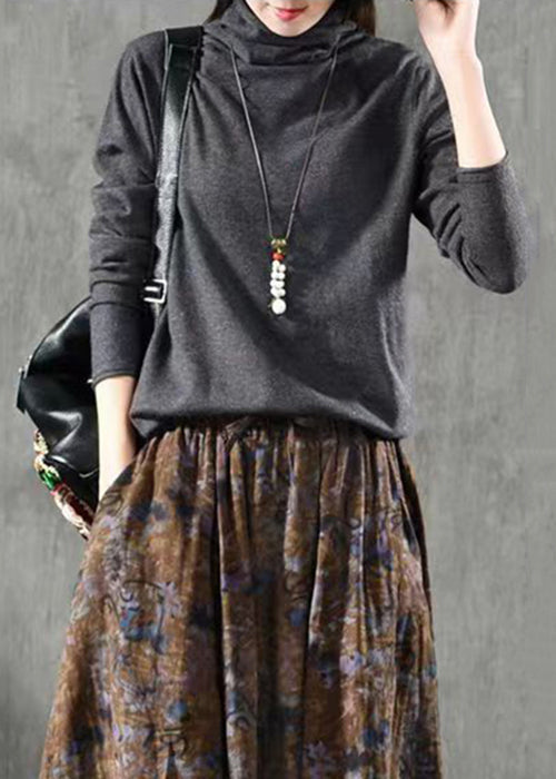 Grey Patchwork Loose Knitting Cotton Tops Turtleneck Fall Ada Fashion