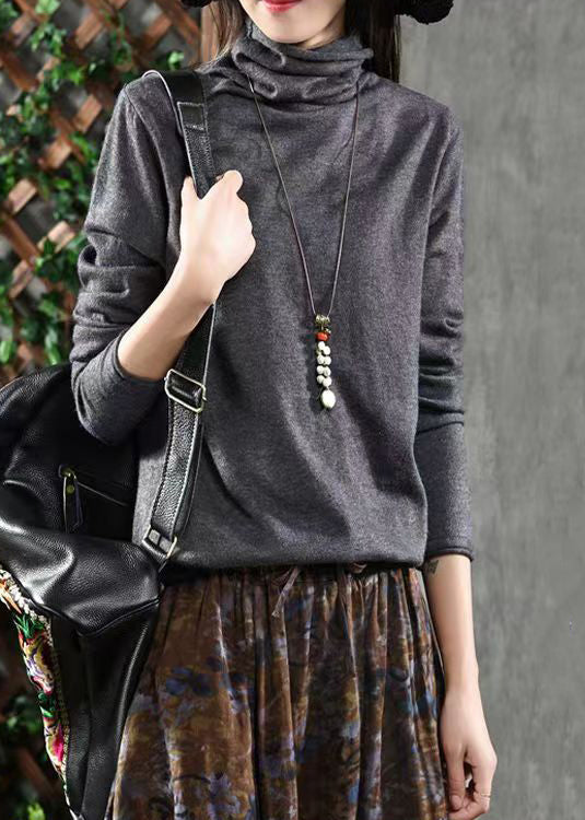 Grey Patchwork Loose Knitting Cotton Tops Turtleneck Fall Ada Fashion