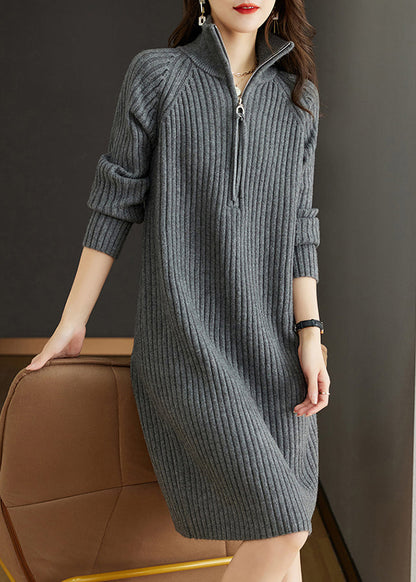 Grey Patchwork Loose Woolen Knit Dresses Turtleneck Long Sleeve Ada Fashion