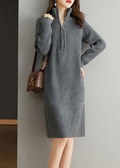 Grey Patchwork Loose Woolen Knit Dresses Turtleneck Long Sleeve Ada Fashion