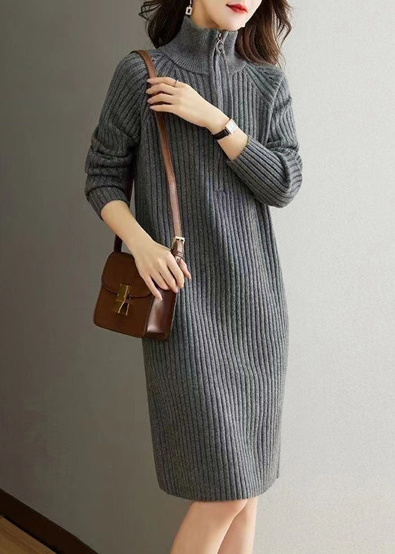 Grey Patchwork Loose Woolen Knit Dresses Turtleneck Long Sleeve Ada Fashion