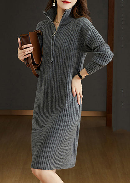 Grey Patchwork Loose Woolen Knit Dresses Turtleneck Long Sleeve Ada Fashion