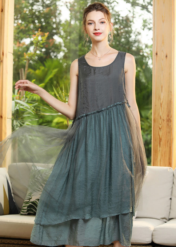 Grey Patchwork Tulle Vacation Dresses Ruffled Sleeveless LY0344 - fabuloryshop