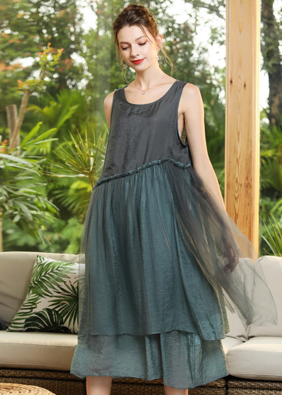 Grey Patchwork Tulle Vacation Dresses Ruffled Sleeveless LY0344 - fabuloryshop