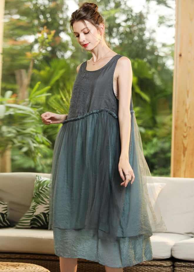 Grey Patchwork Tulle Vacation Dresses Ruffled Sleeveless LY0344 - fabuloryshop