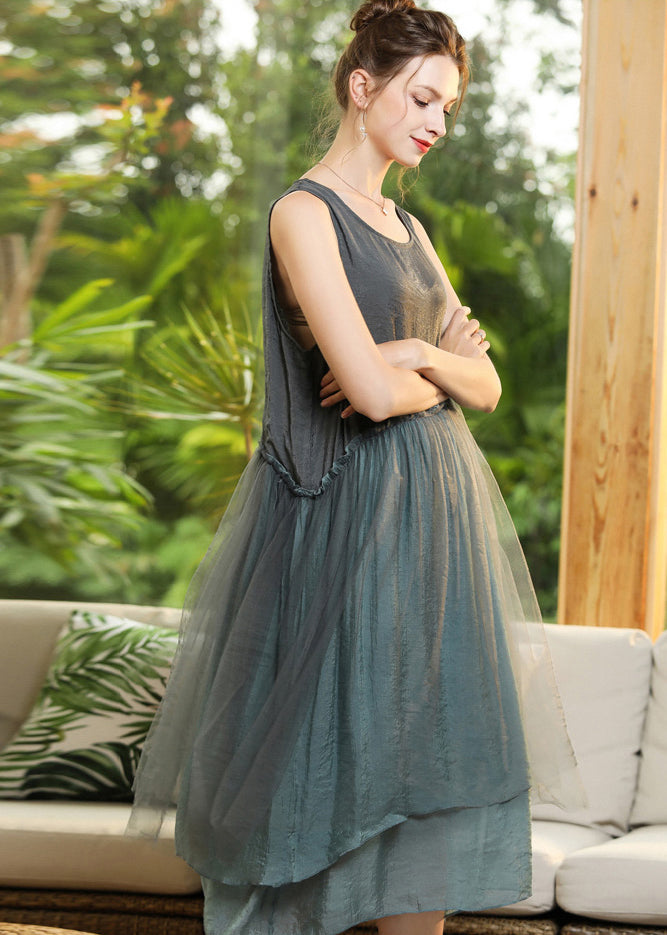 Grey Patchwork Tulle Vacation Dresses Ruffled Sleeveless LY0344 - fabuloryshop