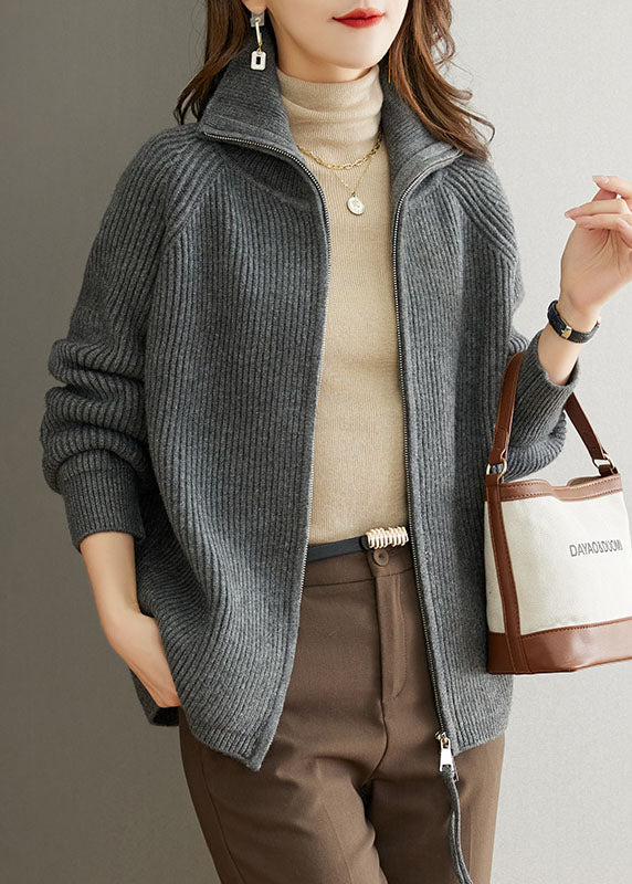 Grey Patchwork Women Wool Coats Peter Pan Collar Zippered Fall Ada Fashion