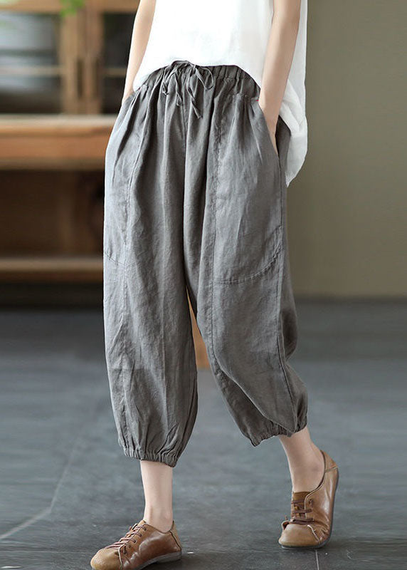 Grey Pockets Patchwork Linen Harem Pants Elastic Waist Summer LY0609