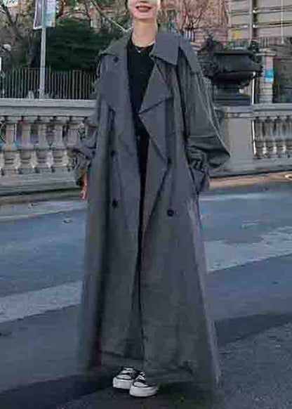 Grey Pockets Side Open Patchwork Cotton Long Trench Coats Peter Pan CollarLong Sleeve Ada Fashion