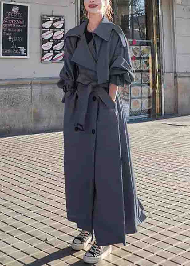 Grey Pockets Side Open Patchwork Cotton Long Trench Coats Peter Pan CollarLong Sleeve Ada Fashion