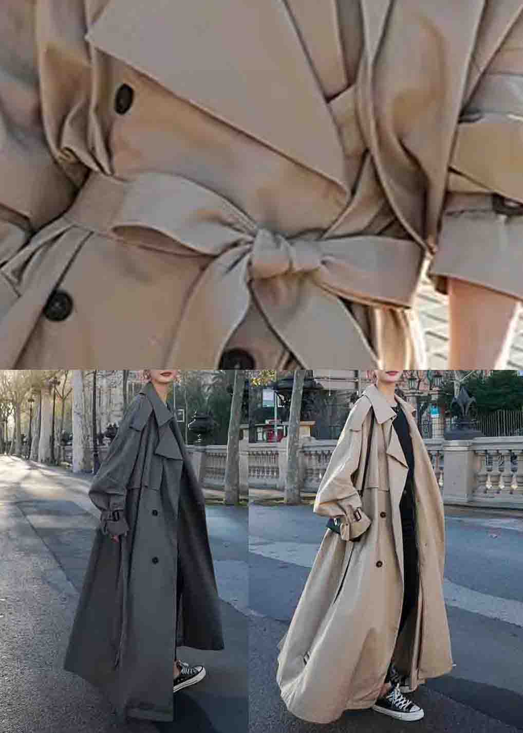 Grey Pockets Side Open Patchwork Cotton Long Trench Coats Peter Pan CollarLong Sleeve Ada Fashion