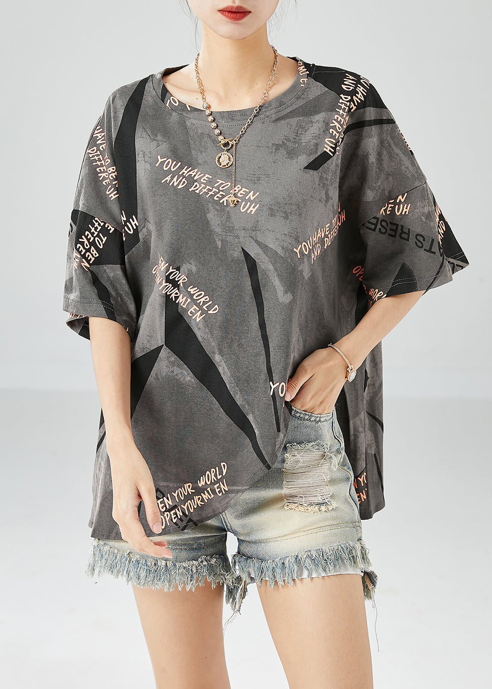 Grey Print Cotton Tanks Oversized Side Open Summer LY6131 - fabuloryshop