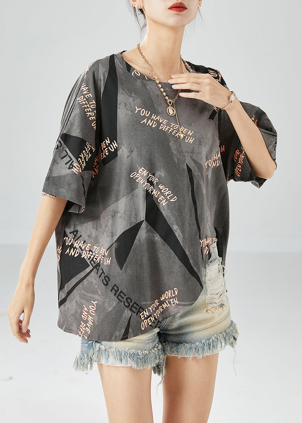 Grey Print Cotton Tanks Oversized Side Open Summer LY6131 - fabuloryshop