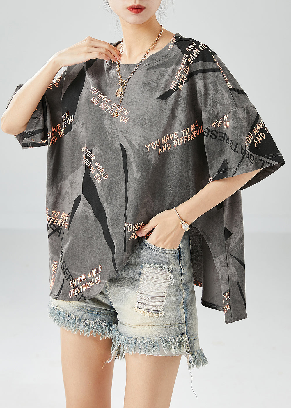 Grey Print Cotton Tanks Oversized Side Open Summer LY6131 - fabuloryshop