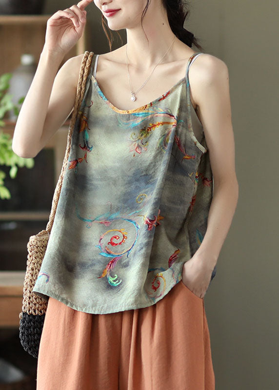Grey Print Patchwork Linen Spaghetti Strap Tank O Neck Summer Ada Fashion
