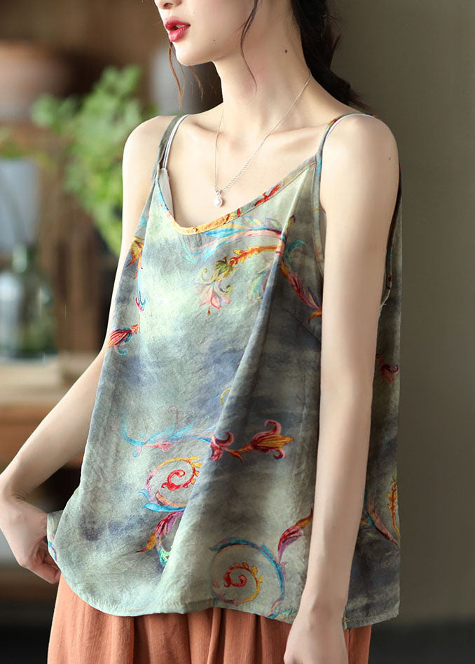 Grey Print Patchwork Linen Spaghetti Strap Tank O Neck Summer Ada Fashion